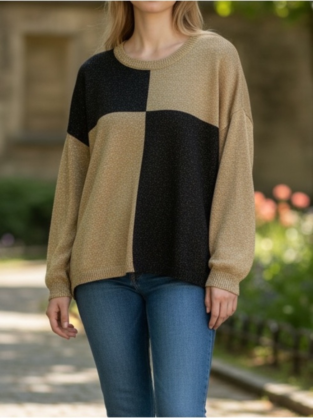 Vintage 80s Shenanigans Gold Glitter and Black Colorblock Oversized Sweater M